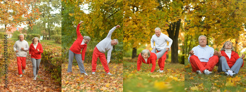 Active seniors practicing tai chi in autumn park