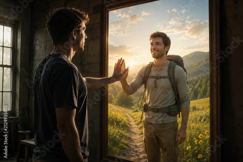 A man looks at himself, imagining himself as a traveler. Dream concept