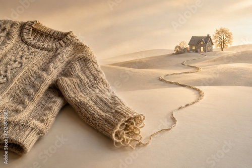 A tranquil winter scene captures a beige sweater with a ribbed texture against a serene snow-covered landscape featuring a small house and bare tree.