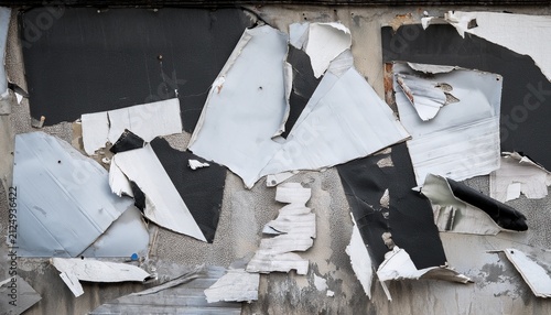 old billboard background with pieces of white gray black torn peeling paper placard