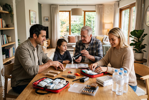 Four family members sit around a table in a living room. They examine a first aid kit and talk about its contents. Sunlight comes through large windows