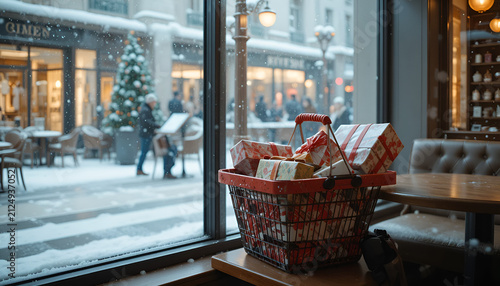 Abandoned shopping basket full of wrapped gifts in a cozy cafe during snowfall.
