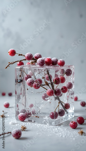 Modern Scandinavian still life: frosted cranberry branch frozen in clear ice block on pale stone surface