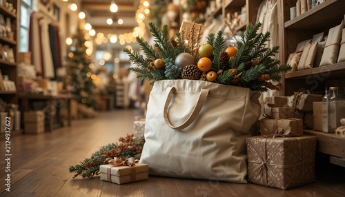 Full reusable canvas shopping bag filled with evergreen branches and holiday gifts in a cozy shop