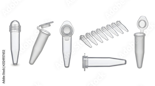 Collection of clear plastic microcentrifuge tubes with caps, shown from multiple angles, demonstrating their design and application in laboratory settings for sample storage and handling