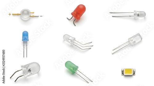 Assorted Colorful Light Emitting Diodes LEDs for Electronics and DIY Circuit Projects on White Background
