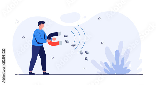 Man attracts coins with a magnet, representing business growth, lead generation, and financial success