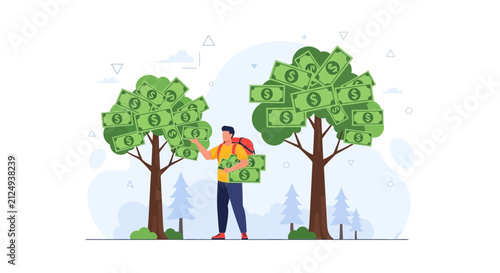 Man Harvesting Money from Money Tree, Symbolizing Wealth and Financial Growth