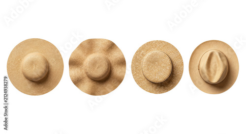 Top view collection of woven straw summer hats