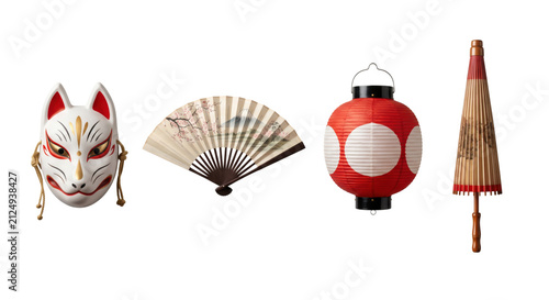 Traditional Japanese cultural items set with fox mask fan lantern umbrella