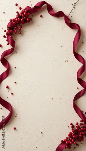 Modern festive flat lay with burgundy ribbon and cranberries on cream textured background

