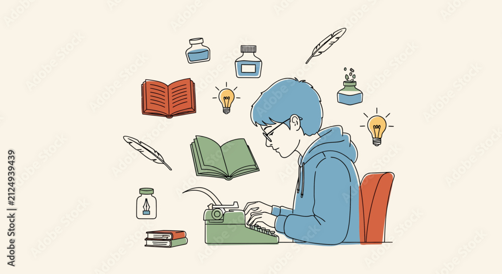 Fototapeta premium Focused writer using a typewriter surrounded by books and light bulbs for creative inspiration work