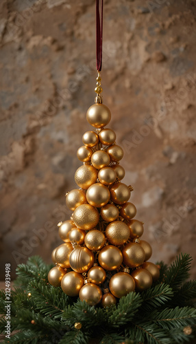 Vintage gold ornaments stacked on a burgundy ribbon as a Christmas tree against a warm limestone background