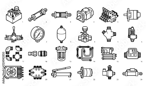 Industrial fluid power bold outline icon collection with professional isometric hydraulic machinery vectors