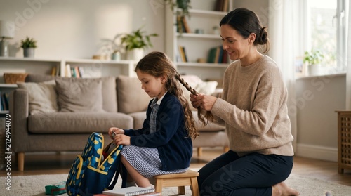 Mother braids her schoolgirl daughter’s hair while the child packs a backpack for a busy morning at home