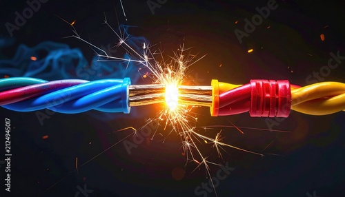 Electrical spark between two wires, one blue, one orange, against a dark background with blurred sparks