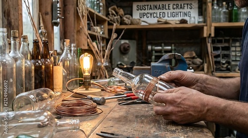 Artisan Making Eco-Friendly Upcycled Glass Bottle Lamp in Workshop