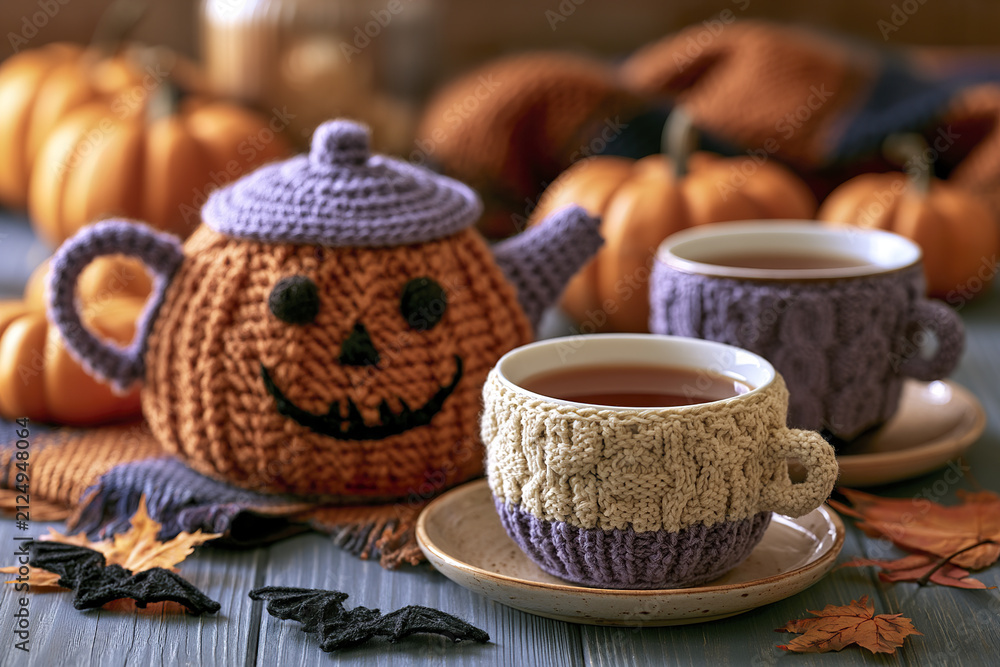 Fototapeta premium Cozy Halloween tea party featuring smiling lavender crochet pumpkin teapot and warm knitted cup covers with autumn leaves