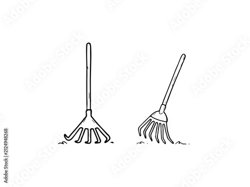  Two hand-drawn garden rakes in a simple black-and-white doodle style.