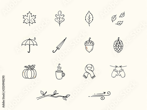 A collection of autumn and winter-themed icons drawn in a minimalist, fine-line doodle style.