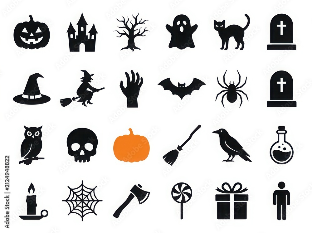 Fototapeta premium Collection of black halloween silhouettes including pumpkins ghosts witches and bats on a white background silhouette