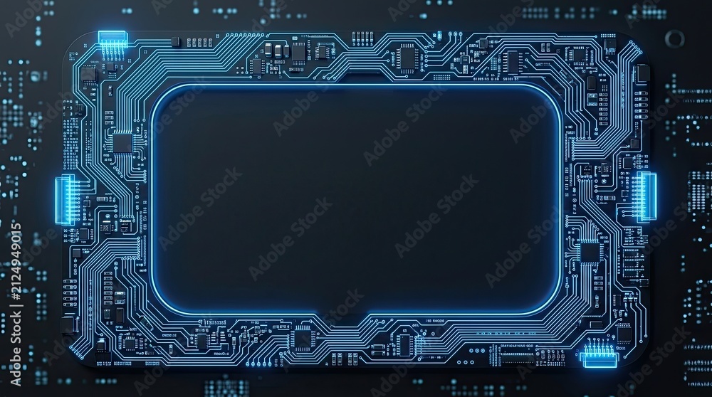 Fototapeta premium Digital technology circuit board frame with glowing blue neon lines technology background abstract electronics