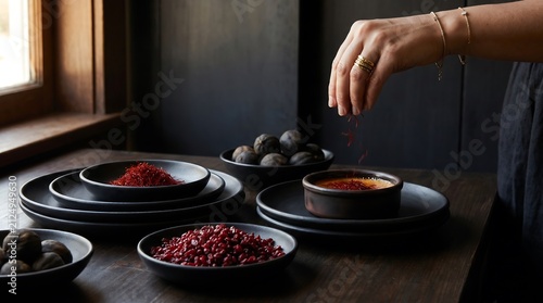 Hand Sprinkling Saffron over Gourmet Dish with Persian Spices