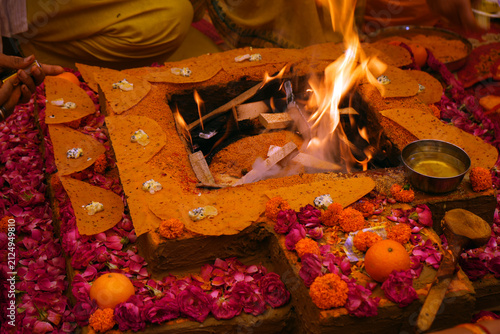 Havan kund fire altar. Hindu fire ritual Agni Homam, Yajna,  Pooja.