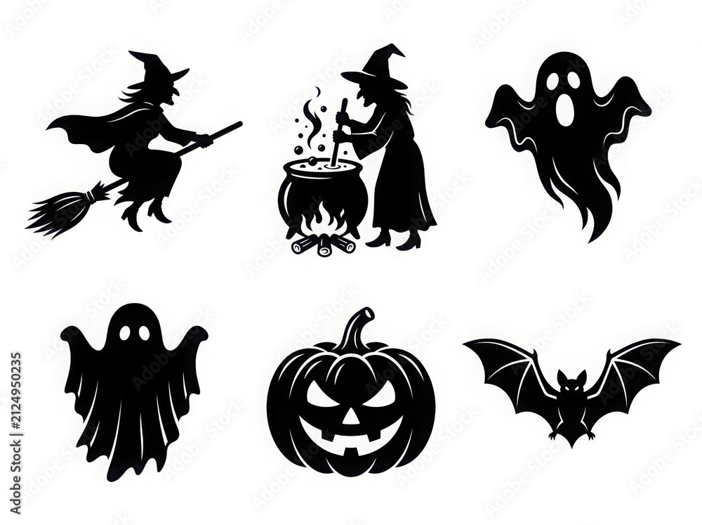 Fototapeta premium Halloween silhouettes featuring witches flying on brooms a cauldron ghosts pumpkins and bats on a white background silhouette