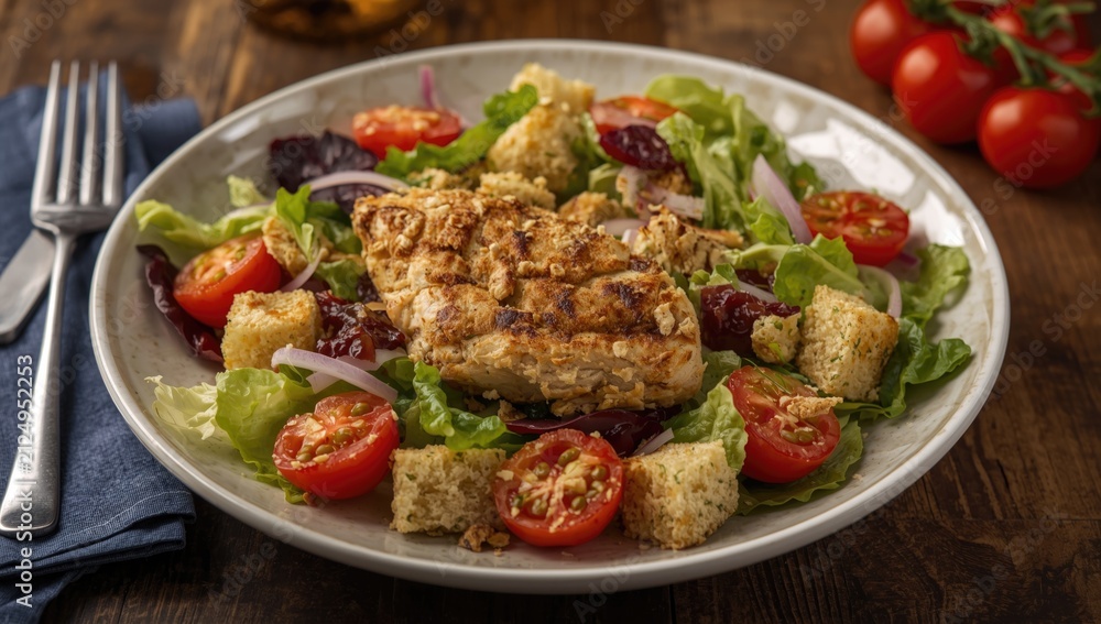 Fototapeta premium Grilled Chicken Salad with Cherry Tomatoes and Croutons on a Rustic Table