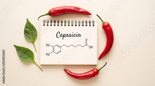 Capsaicin molecular structure label on notepad with fresh red chili peppers capsaicin chemistry structure scientific molecule chemical handwriting culinary