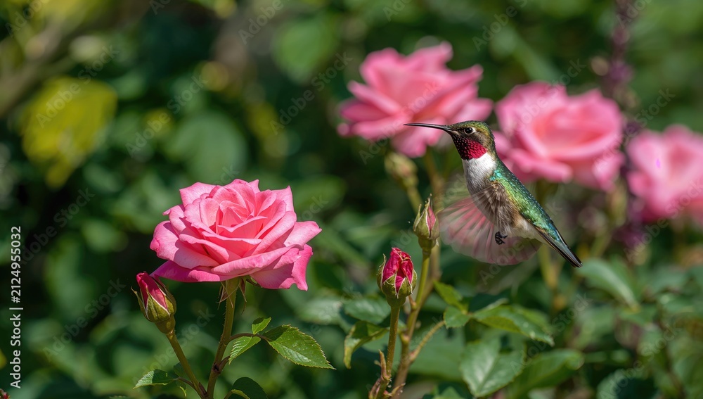 Obraz premium Hummingbird Hovering Near Pink Roses in a Lush Garden Setting