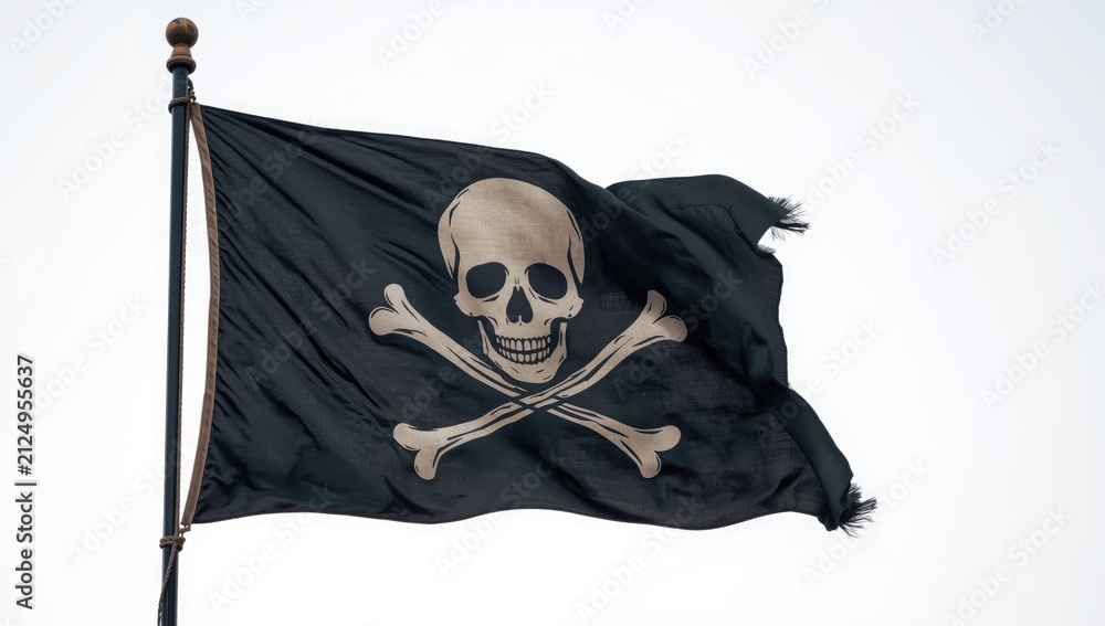Fototapeta premium Pirate Flag with Skull and Crossbones Waving Against a Light Background