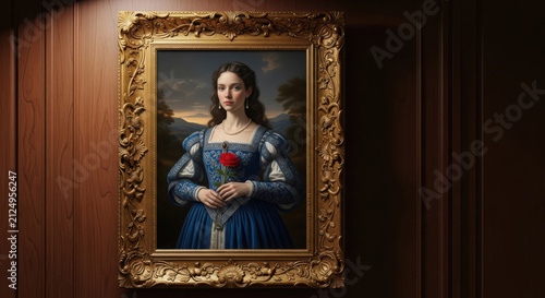 Elegant noblewoman wearing blue renaissance dress holding single red rose depicted in ornate golden frame hanging on dark wooden wall within classic historical fine art