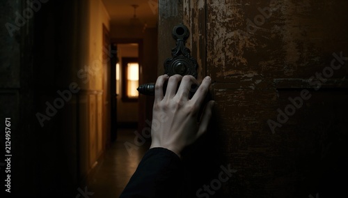 Hand Reaching for a Door Handle in a Dimly Lit Hallway