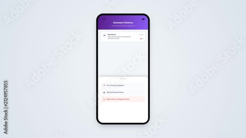 Mobile App Bottom Sheet Action Menu Modal Popup Animation for Comment Moderation in Smartphone Mockup Frame
