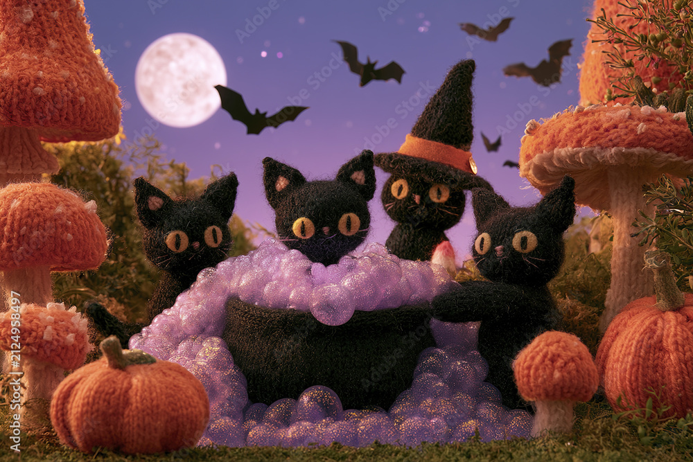 Fototapeta premium Cute black knitted cat family gathered around witch bubbling cauldron with purple bubbles under full moon and flying bats