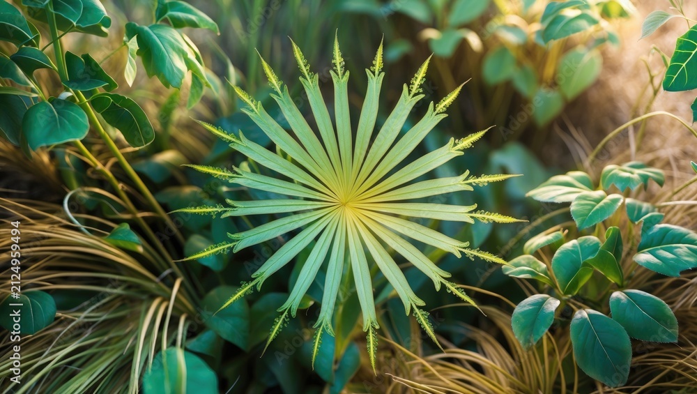 Fototapeta premium Green Spiky Plant Centered Among Lush Greenery in Soft Light