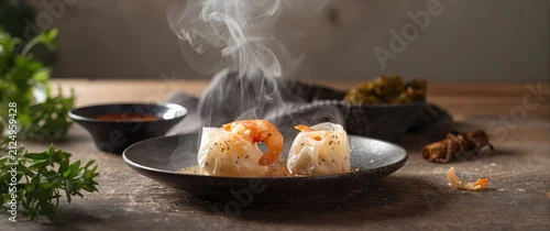 Panel kuchenny z motywem Steaming Shrimp Dumplings on Black Plate with Sauce and Garnish