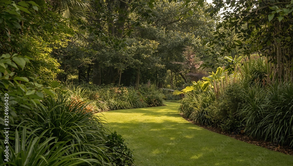 Obraz premium Lush Garden Pathway Surrounded by Greenery in Soft Natural Light