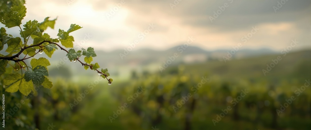 Obraz premium Grapevine Leaves in a Vineyard with Soft Focused Hills in the Background