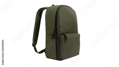 Modern olive green backpack with black zippers, isolated on transparent background