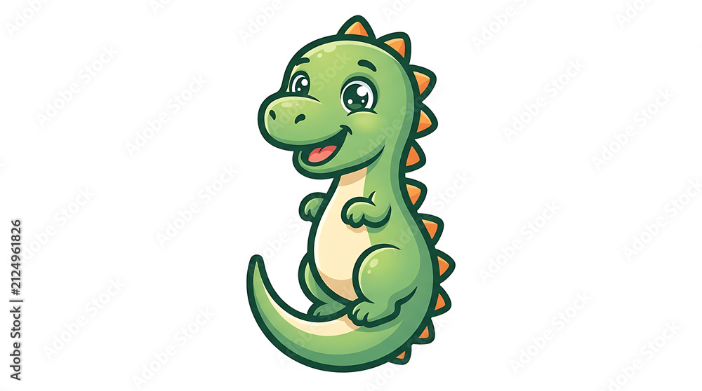 Fototapeta premium Cute green cartoon dinosaur character smiling with orange spikes on white background with cheerful green entertainment illustration prehistoric