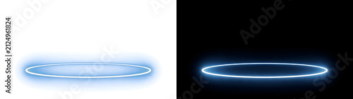 Blue neon oval ring glowing with a flat elliptical shape for a floating platform effect in futuristic technology designs in PNG, Transparent and Black Background Versions