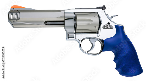 Foto Shiny chrome revolver with blue grip and orange sight, isolated on transparent b