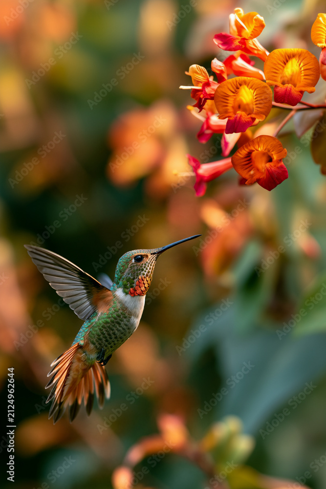 Fototapeta premium hummingbird in flight capturing nature’s delicate beauty, vibrant hummingbird hovering near flowers in a natural habitat, closeup view of a graceful hummingbird with colorful feathers