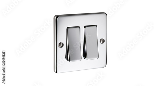 Polished chrome double light switch plate with two rocker toggles, isolated on transparent background