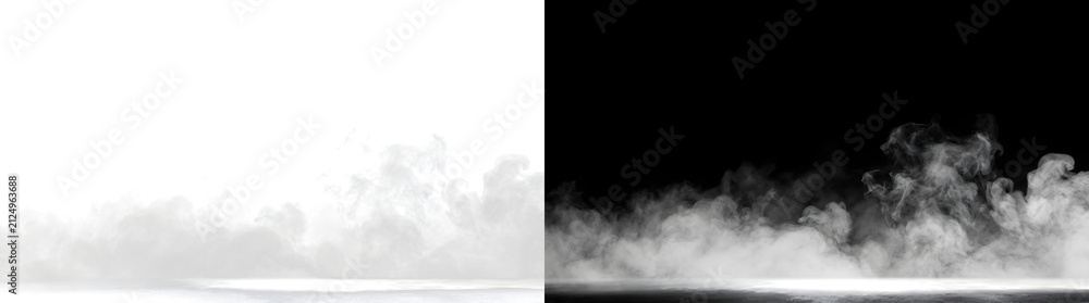 Fototapeta premium Floor smoke fog rolling across a reflective surface with soft billowing mist along the horizon for cinematic design projects in PNG, Transparent and Black Background Versions
