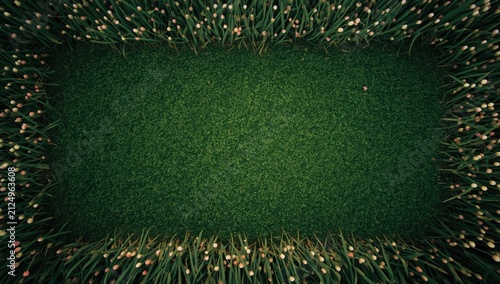 Green Grass Field Surrounded by Colorful Flowers in Top View