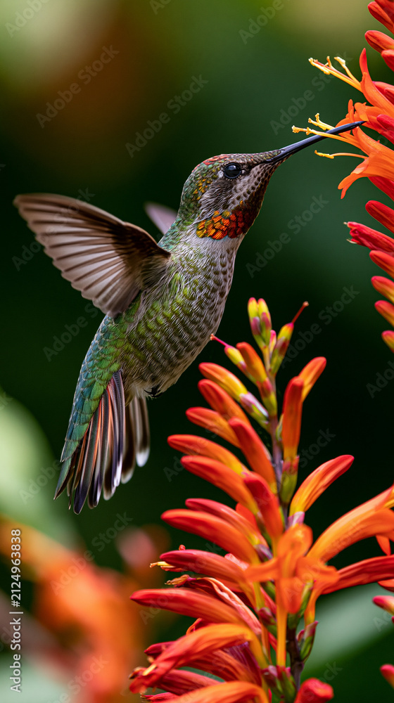 Naklejka premium hummingbird in flight capturing nature’s delicate beauty, vibrant hummingbird hovering near flowers in a natural habitat, closeup view of a graceful hummingbird with colorful feathers